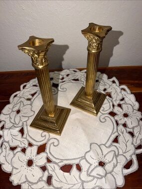 Vintage pair of large brass candlestick holders • vintage wedding decor • Gatsby